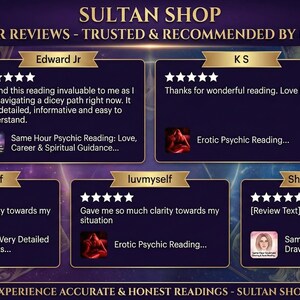 May include: Promotional graphic for Sultan Shop, showcasing customer reviews with star ratings and comments. The image highlights testimonials, with text including "Trusted & Recommended by Hundreds" and "Experience Accurate & Honest Readings."