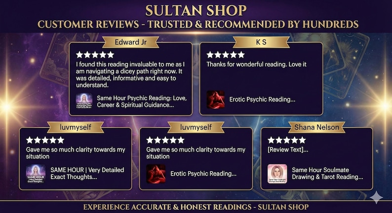 May include: Promotional graphic for Sultan Shop, showcasing customer reviews with star ratings and comments. The image highlights testimonials, with text including "Trusted & Recommended by Hundreds" and "Experience Accurate & Honest Readings."