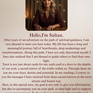 May include: An image with the text "WHO AM I?" at the top, and a photo of a woman. Below the photo is the text "Hello, I'm Sultan", followed by text about spiritual guidance and tarot readings. The image has a spiritual theme.