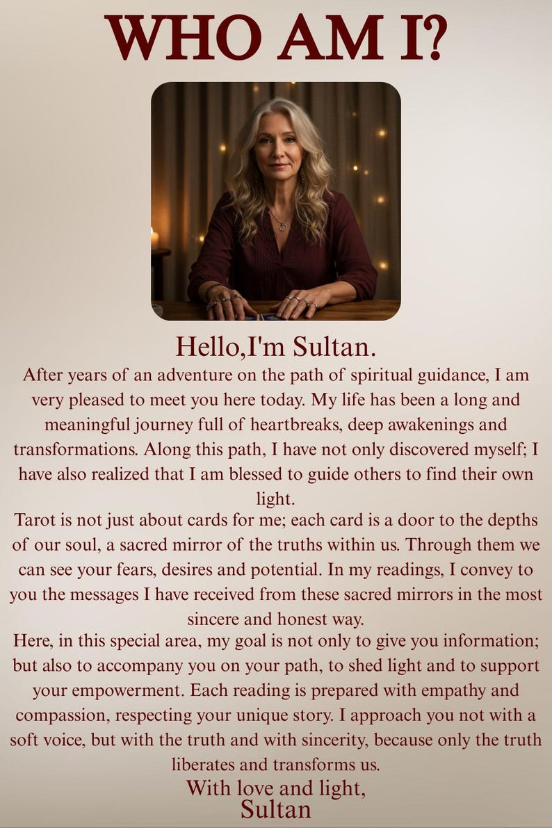 May include: An image with the text "WHO AM I?" at the top, and a photo of a woman. Below the photo is the text "Hello, I'm Sultan", followed by text about spiritual guidance and tarot readings. The image has a spiritual theme.