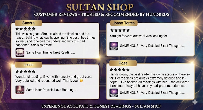 May include: Image featuring customer reviews for Sultan Shop, with text and star ratings. Reviews highlight detailed readings and accurate insights. The shop is recommended by hundreds, offering accurate and honest readings.