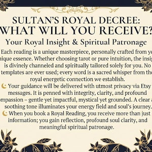 May include: An Etsy listing graphic with the text "Sultan's Royal Decree: What Will You Receive?" and details about a royal reading, including insight, spiritual patronage, and guidance via Etsy messages. The design has a cream background with floral accents.