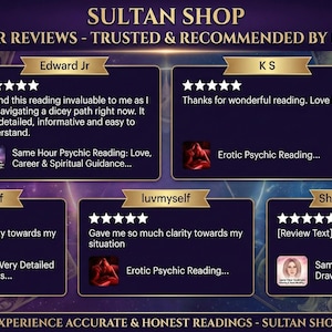 May include: A promotional graphic for Sultan Shop featuring customer reviews. The design is dark blue with gold accents and star ratings. Reviews include text and images, promoting psychic readings and tarot services.