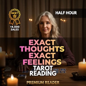 Könnte beinhalten: Werbung für eine Tarot-Lesung. Das Bild zeigt eine Frau mit grauem Haar, Tarotkarten und brennenden Kerzen. Der Text lautet "Exact Thoughts, Exact Feelings, Tarot Reading, Premium Reader." Ein goldenes Abzeichen zeigt "Best" und "+8.000 Sales."