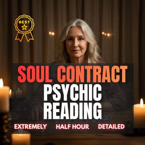May include: An image featuring a woman with gray hair, in front of a sign that reads "SOUL CONTRACT PSYCHIC READING". The sign also includes the words "EXTREMELY", "HALF HOUR", and "DETAILED". A gold "BEST" badge is in the upper left corner.