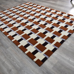 Hand Tufted Wool Rug: Modern Geometric Burnt Orange & Blue Carpet