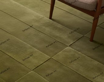Hand Tufted Wool Area Rug | Modern Olive Green High-Low Pile