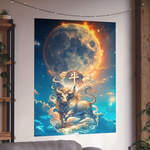 Póster mate con ilustración del Buey de la Luna Celestial, arte mural del Toro del Zodiaco, calma, fuerza y estabilidad para tu hogar, un toque de serenidad cósmica.