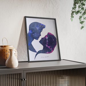Galaxy Couple Silhouette Posters with Wooden Frame, Romantic Wall Art, Framed art print - Award-winning interior art, Lovestory, signed