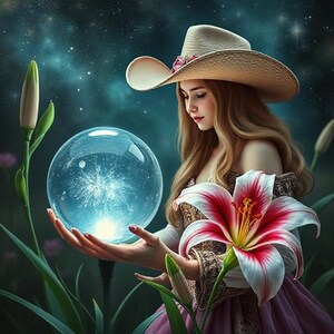May include: An artistic digital illustration of a woman holding a glowing blue orb. She wears a beige cowboy hat with pink flowers and a pink dress. A large red and white lily is in the foreground, with green plants and a starry night sky.