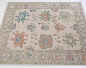 Oushak-vloerkleed pastelkleur, blushroze vintage vloerkleed, woondecoratie medaillon met bloemen