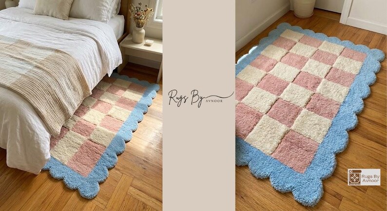 Handmade checkerboard rug photographed in natural sunlight with soft pastel colors.