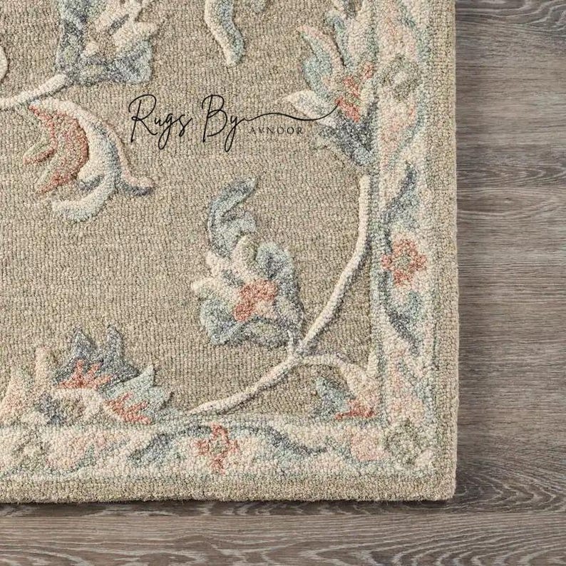 Floral Hand Tufted Wool Rug: Vintage Botanical Vine, Taupe Beige - Etsy