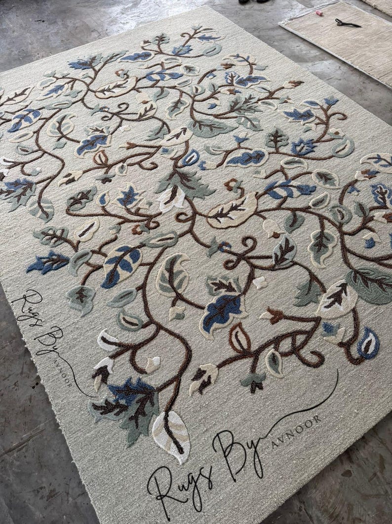 Wool Rug Side View Hand-tufted Wool Floral Rug: Colonial Blue & Green Botanical Vine - Etsy
