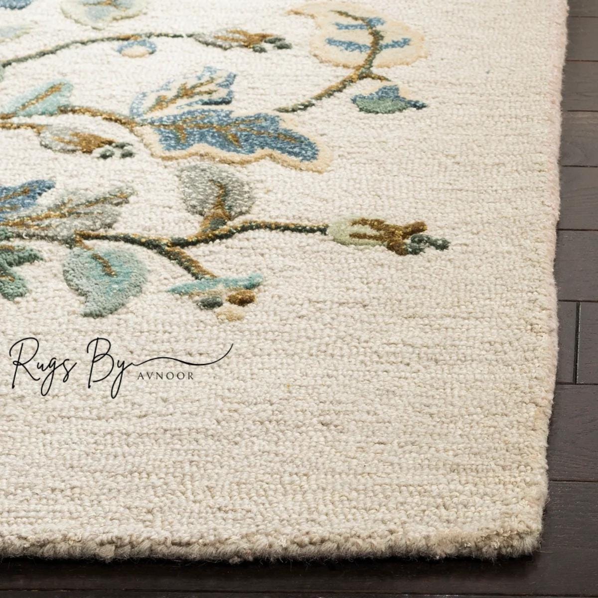 Hand-tufted Wool Floral Rug: Colonial Blue & Green Botanical Vine - Etsy