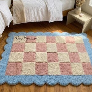 Top-down room view showing rug size and placement within a bedroom setting.