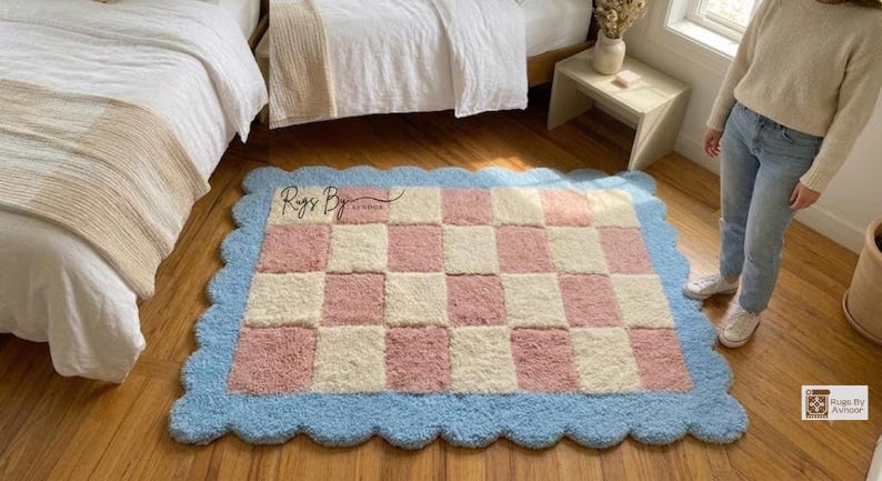 Top-down room view showing rug size and placement within a bedroom setting.