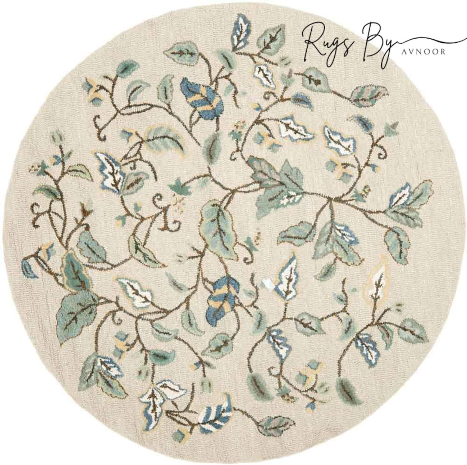 Hand-tufted Wool Floral Rug: Colonial Blue & Green Botanical Vine - Etsy