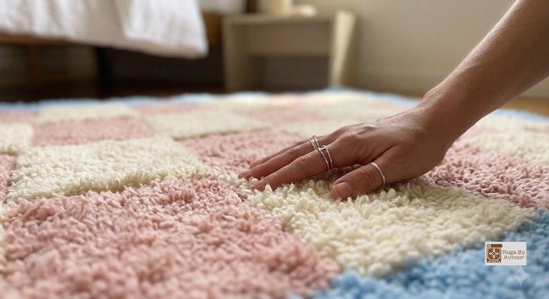 Hand touching the rug surface to demonstrate softness and plush wool texture.