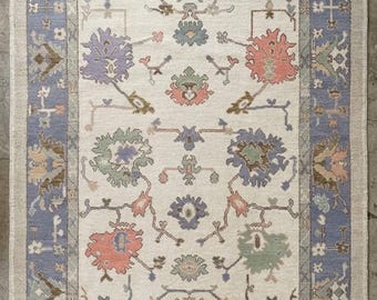 Handgeknoopt oushak-wollen vloerkleed, ivoorblauw vloerkleed met bloemen