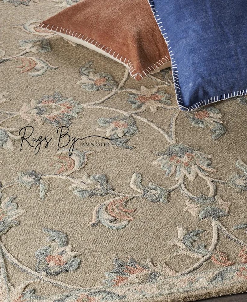 Floral Hand Tufted Wool Rug: Vintage Botanical Vine, Taupe Beige - Etsy
