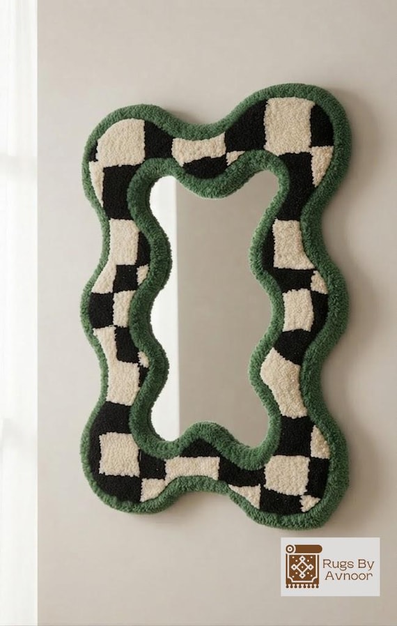 Green Checkerboard Hand Tufted Mirror | Wavy Wall Mirror | Handmade Wool Funky Eclectic Decor