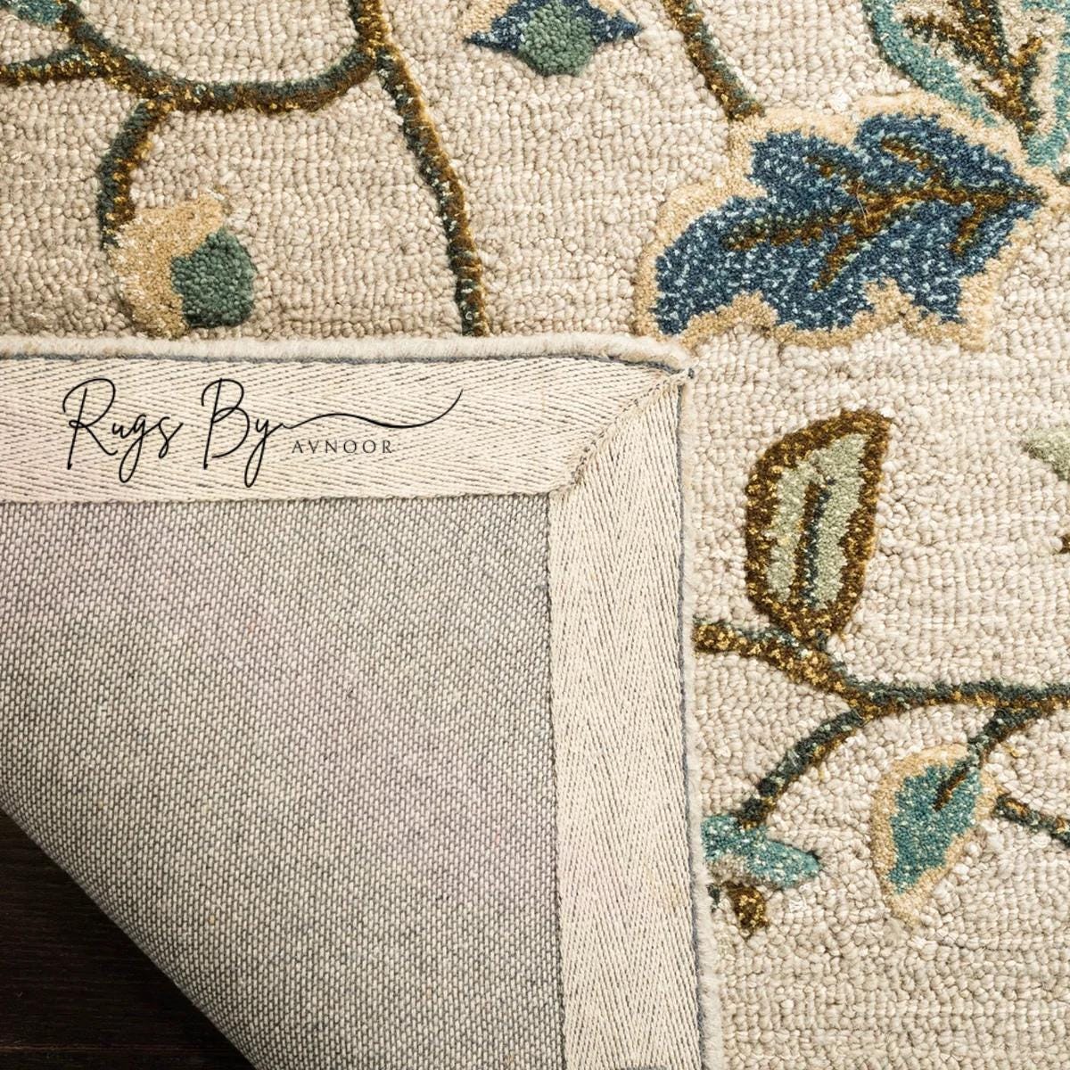 Hand-tufted Wool Floral Rug: Colonial Blue & Green Botanical Vine - Etsy