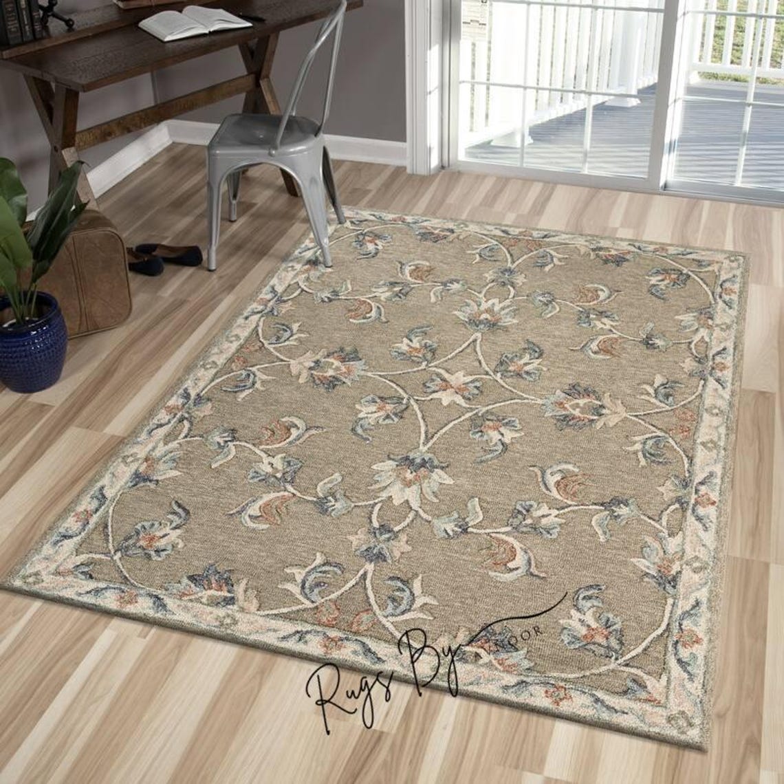Floral Hand Tufted Wool Rug: Vintage Botanical Vine, Taupe Beige - Etsy