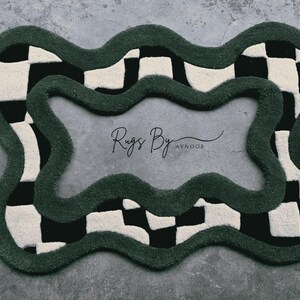 Horizontal view of Green Checkerboard Hand Tufted Mirror