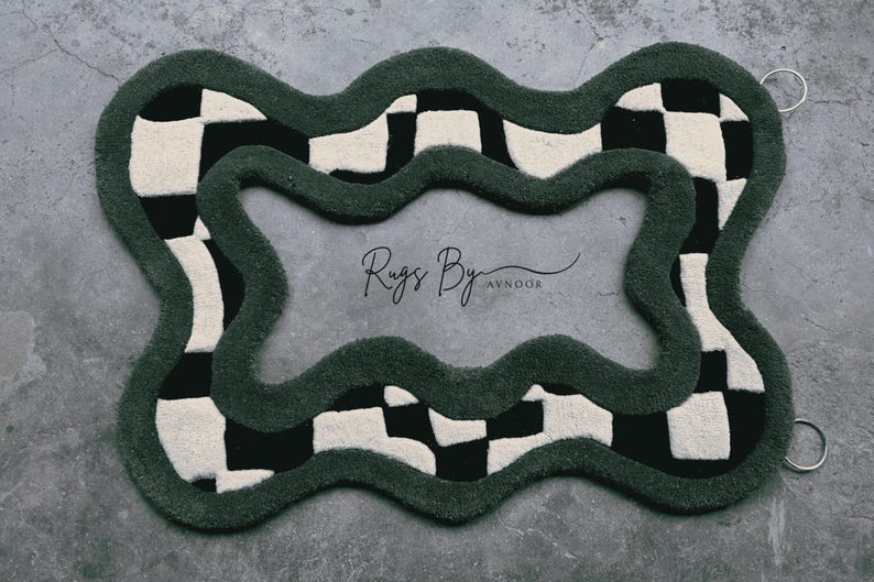Horizontal view of Green Checkerboard Hand Tufted Mirror
