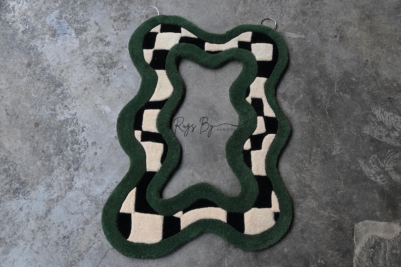 Green Checkerboard Hand Tufted Mirror Full View