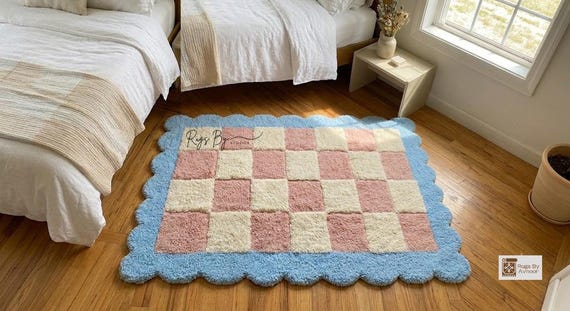 Pink Checkerboard Hand Tufted Rug, Scalloped Handmade Wool Area Rug, Pastel Bedroom Carpet