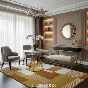 May include: A modern living room featuring a geometric patterned rug in shades of gold, white, and black. The room includes a round marble table, two gray chairs, a bench, and a decorative mirror. A chandelier hangs above the table. The text "LUXE RUGS" is visible.