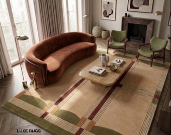 Hand Tufted Wool Rug, Modern Geometric Area Rug, Neutral Mid Century Rug, Beige Brown Living Room Bedroom Carpet