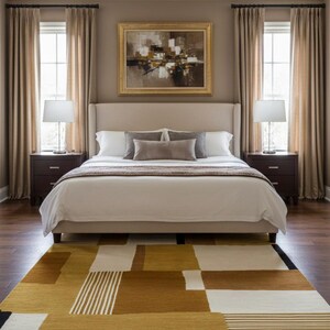 May include: A bedroom with a beige upholstered bed, two dark brown nightstands, and matching curtains. A colorful geometric rug in shades of gold, brown, and white sits on the hardwood floor. The text "LUXE RUGS" is visible on the rug.