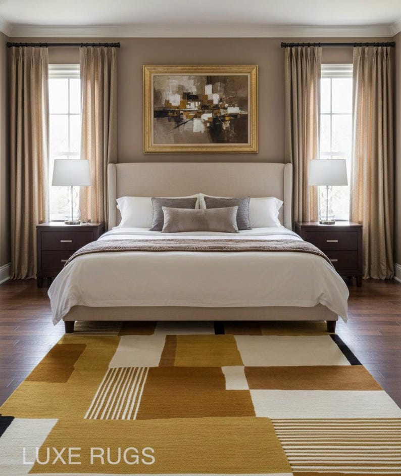 May include: A bedroom with a beige upholstered bed, two dark brown nightstands, and matching curtains. A colorful geometric rug in shades of gold, brown, and white sits on the hardwood floor. The text "LUXE RUGS" is visible on the rug.