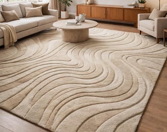 Beige Abstract Wool Rug, Hand Tufted Area Rug, Neutral Modern Carpet, Organic Contemporary Living Room Rug, Custom Wool Rug
