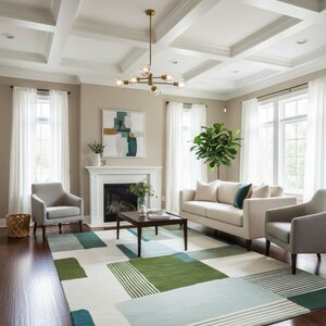 May include: A modern living room with a beige sofa, two gray armchairs, and a patterned rug in shades of green, blue, and white. The room features a fireplace, large windows with white curtains, and a decorative ceiling.