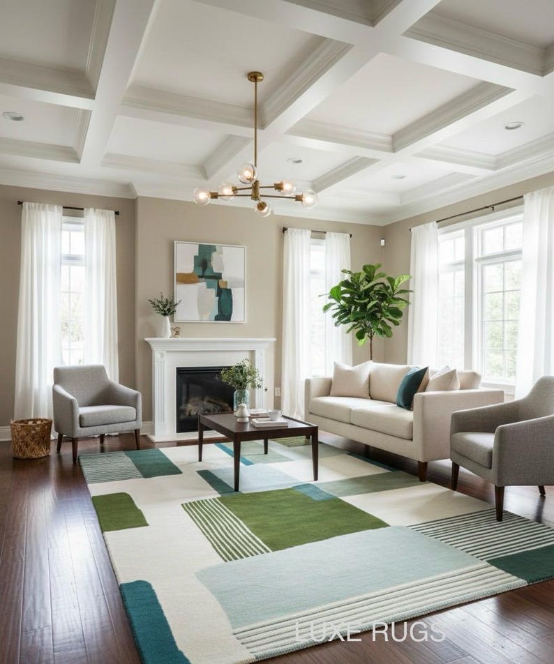May include: A modern living room with a beige sofa, two gray armchairs, and a patterned rug in shades of green, blue, and white. The room features a fireplace, large windows with white curtains, and a decorative ceiling.