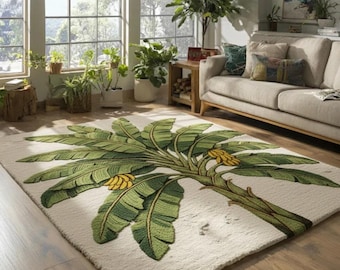 Handmade Tufted Palm & Banana Leaf Rug | Tropical Living Room Rug | Modern Botanical Floor Carpet