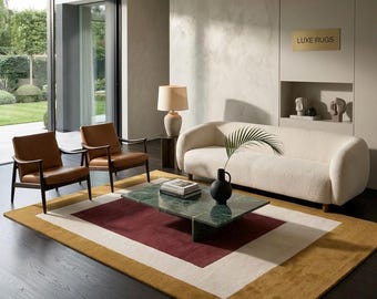 Hand Tufted Wool Rug, Modern Geometric Area Rug, Beige Brown Minimalist Carpet, Luxury Living Room Rug, Contemporary Designer Rug