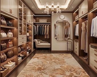 May include: A walk-in wardrobe featuring dark wood cabinetry, cream-coloured doors, and integrated lighting. The space includes shelves displaying handbags, hanging clothing, a tufted chaise lounge, a central chandelier, an octagonal mirror, and a floral rug.