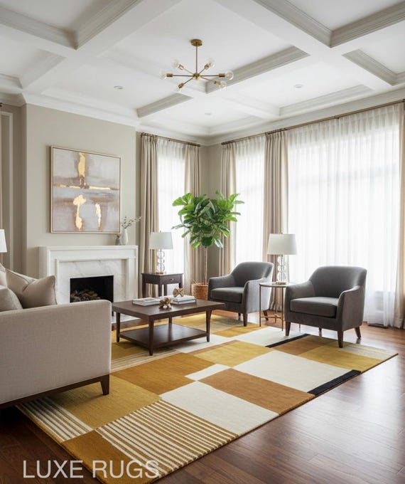 Handmade Tufted Modern Geometric Rug | Abstract Area Carpet | Green & Mustard Options
