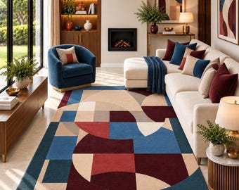 Hand Tufted Wool Area Rug, Art Deco Geometric, Colorful Mid Century Decor
