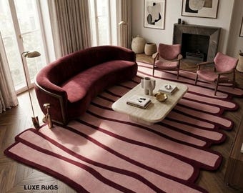 Organic Modern Pink Rug, Hand Tufted Wool Rug, Abstract Irregular Shape Area Rug, Blush Burgundy Designer Rug, Luxury Living Room Carpet