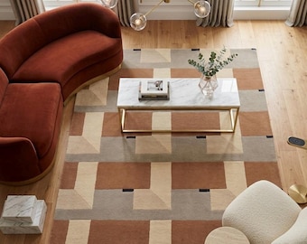 Alfombra geométrica de lana, alfombra tejida a mano en tonos beige y marrón neutro, alfombra moderna a cuadros, alfombra de lujo para sala de estar.