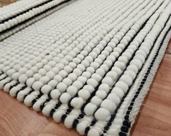 Handgewebter Wollteppich, Schwarz-weiß gestreifter Teppich, Strukturierter Kieselsteinteppich, Modernes Minimalistisches Design