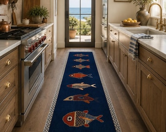 Alfombra de pasillo con diseño de peces anudados a mano, alfombra de lana para pasillo, alfombra de lana costera de Nueva Zelanda, alfombra de arte popular azul marino, alfombra de pasillo personalizada