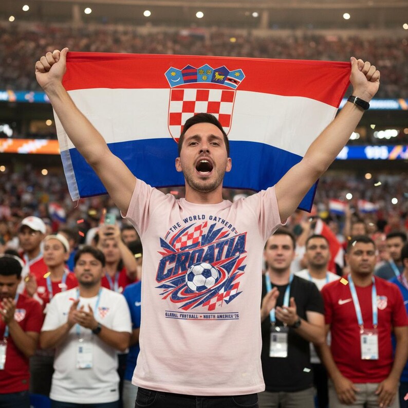 May include: A person holding a Croatian flag with the Croatian coat of arms. The person is wearing a pink t-shirt with the word "Croatia" and a soccer ball graphic. Other people are in the background.
