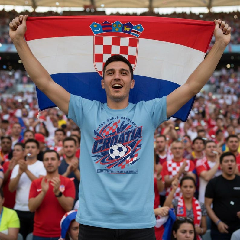 May include: A light blue t-shirt with the word "Croatia" and a soccer ball graphic. The shirt is worn by a person holding a Croatian flag. The flag is red, white, and blue with the Croatian coat of arms. The crowd in the background is cheering.